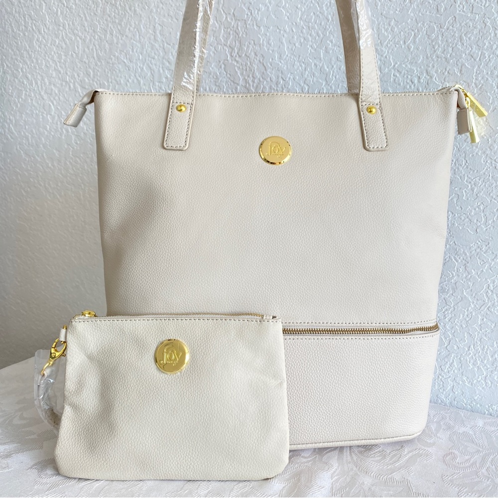 Joy Mangano Light Taupe Leather multi purpose laptop organizer Tote Bag